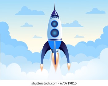 Vector illustration of rocket flying above clouds in sky, spaceship on light blue background in flat cartoon style.