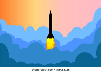 Vector illustration of rocket flying above clouds