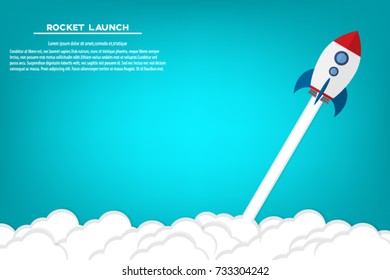 Vector illustration of rocket flying above clouds, business startup banner concept, flat icon style.