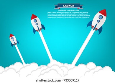 Vector illustration of rocket flying above clouds, business startup banner concept, flat icon style.