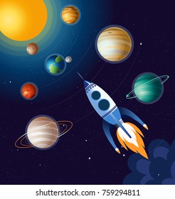 Vector illustration of rocket flying above clouds in space and between planets, spaceship on dark blue background in flat cartoon style.
