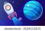 Vector illustration of a rocket flying against the background of a cosmic starry sky and a glossy planet. A fantastic scene for a gaming environment