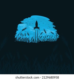 Vector illustration of a rocket flying into space from a wheat field