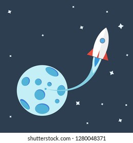 Vector illustration of a Rocket flying from the moon into space