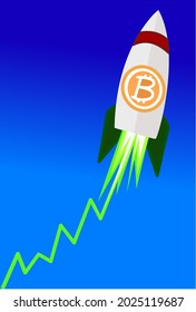 Vector illustration of rocket flying to the moon in the space with cryptocurrency coin BTC on it. Bitcoin growth, rising up, arrow, increasing cost. Crypto hype concept. Digital electronic money.