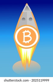 Vector illustration of rocket flying to the moon in the space with cryptocurrency coin BTC on it. Bitcoin growth, rising up, arrow, increasing cost. Crypto hype concept. Digital electronic money.