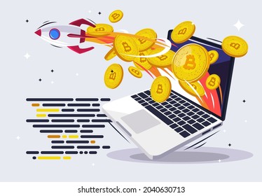 Ilustración vectorial de un cohete que sale de una laptop con monedas de oro de criptodivisa, dejando un rastro, comercio online de criptodivisa