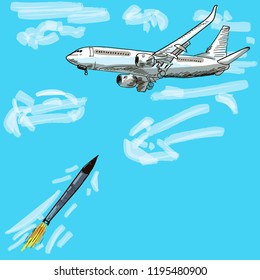 Vector illustration of a rocket flying and shooting down a plane.