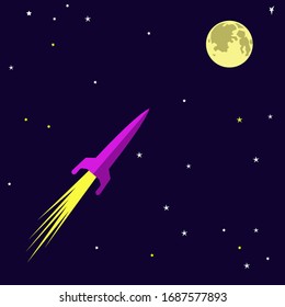 Vector illustration of a rocket flying in space with stars to the moon. Night sky with star. Universe illustration 