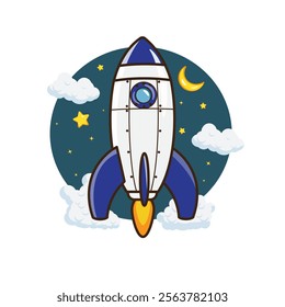 Vector illustration of rocket flying in the space cartoon design style 
