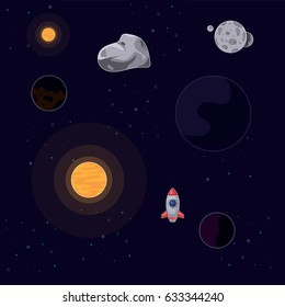 Vector illustration rocket flying in space between sun, moon, stars and asteroids on a dark background. Vector illustration rocket ship