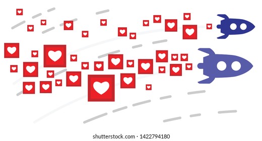 vector illustration of rocket and hearts or social media likes for startup booster advertisement concept