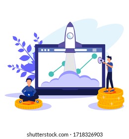 Vector illustration of a rocket icon gliding on a large laptop background. Increased company and individual business income.