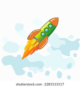 Ilustración vectorial. Icono de cohete. Vuelo de misiles de nave espacial aislado en el cielo de fondo. Símbolo de lanzamiento y lanzamiento de cohetes espaciales de nuevas empresas. Plantilla para publicaciones en medios sociales, historias, banderas 