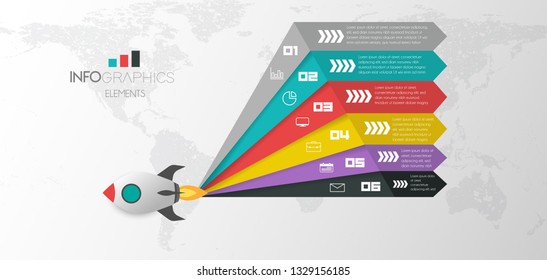 vector illustration rocket Infographic design template with icons and 6 options or steps. Can be used for process, presentations, layout, banner,info graph.