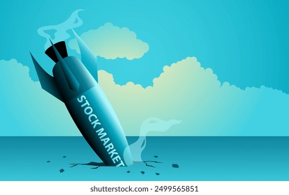 Vector illustration of a rocket labeled Stock Market that has crashed. Ideal for themes of financial instability, market downturns, and economic challenges, symbolizes the impact of market crashes