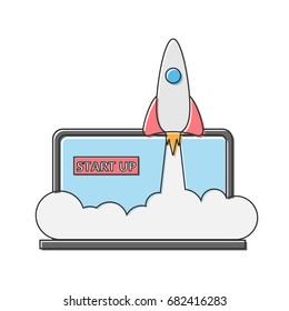 Vector illustration of rocket and laptop icons. Launch of the project. Isolated.