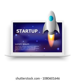 Vector illustration of rocket and laptop. Launch of the project. Isolated.