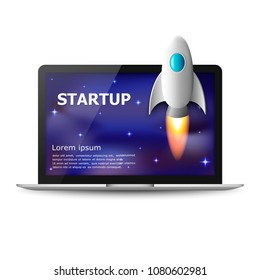 Vector illustration of rocket and laptop. Launch of the project. Isolated.
