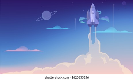 Vector illustration of rocket launch. Business and science consept. Start up, modern technology, space traveling and scientific research.