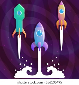 Vector illustration with rocket launch in cartoon style