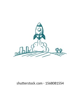 vector illustration of rocket launch city hand drawn style