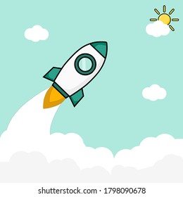 Vector illustration of a rocket launch with clouds around it. Perfect for Web pages, flyers, posters, brochure design templates. and others