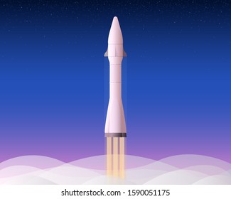 Vector illustration with rocket launch on space background with stars.