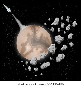 Vector illustration with rocket launch from planet.