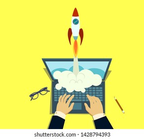 Vector illustration of rocket launch and space with start up startup technology and creative business idea