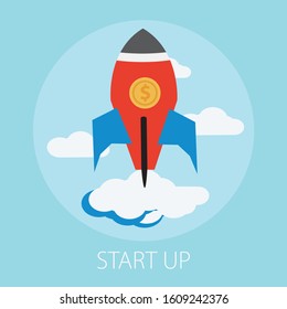 Vector illustration of rocket launch and space with " start up " startup technology and creative business idea.