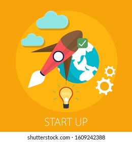 Vector illustration of rocket launch and space with " start up " startup technology and creative business idea.