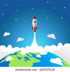 Vector illustration of rocket launch to the space with gradient blue background