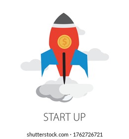 Ilustración vectorial del lanzamiento de cohetes y el espacio con la tecnología de inicio "start up" y la idea de negocio creativa.