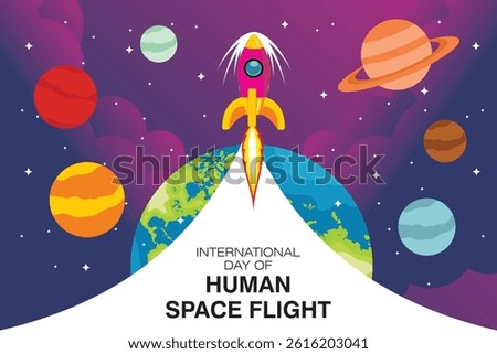 Vector illustration of a rocket launching from Earth into outer space, celebrating the International Day of Human Space Flight. Surrounded by colorful planets and stars in a vibrant cosmic background.