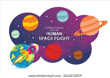 Vector illustration of a rocket launching from Earth into outer space, celebrating the International Day of Human Space Flight. Surrounded by colorful planets and stars in a vibrant cosmic background.