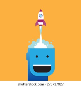 Vector illustration of a rocket launching from a guy's head.