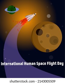 Vector illustration of a rocket launching into space, as a banner, poster or template for the International Day of Human Space Flight.