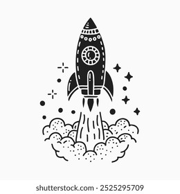 Vector illustration of rocket launching into space with stars and clouds of smoke. Hand-drawn in minimalist, monochrome style, space exploration, adventure, and technology-themed designs.