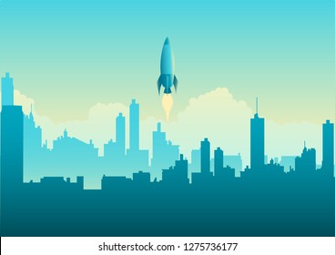 Vector illustration of a rocket launching on cityscape. Startup business concept