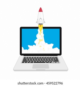 Ilustración vectorial del lanzamiento de cohetes en una laptop. Idea de inicio y desarrollo de proyectos.