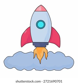Ilustración vectorial de un cohete que se lanza hacia arriba con llamas y humo, simbolizando el crecimiento de las empresas emergentes, la innovación, el éxito y la aceleración del negocio