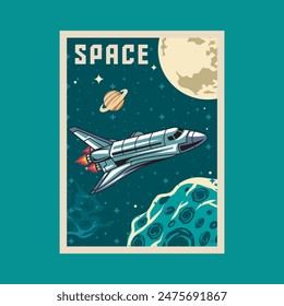 Vector Illustration of Rocket with Meteors, Moon and Planet in The Space with Simple Illustration Available for Poster
