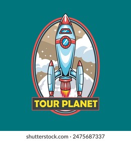 Vector Illustration of Rocket with Moon and Clouds in The Space with Simple Illustration Available for Tshirt Design