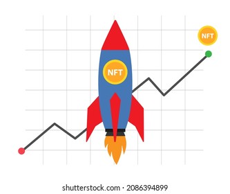 Vector illustration of a rocket with NFT. Startup concept and forecast. NFT increased