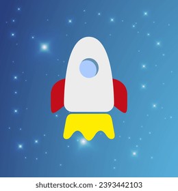 Vector illustration of a rocket on a celestial background surrounded by stars. Rocket taking off in outer space. Starting a business, successful business, entrepreneurship, starting a project