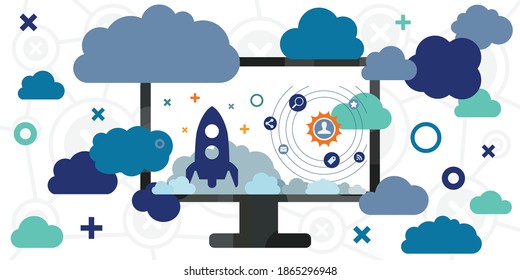 vector illustration of rocket on computer screen for digital products manufacturing startup