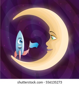Vector illustration with rocket on the crescent in cartoon style.