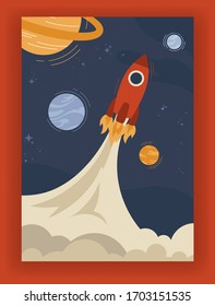 Vector illustration with rocket and planets on a dark blue background. Flat space objects. Banner for Cosmonautics Day. Neptune, Saturn and Mars. Space exploration.