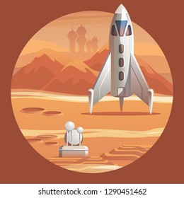 Vector Illustration Rocket Preparing for Launch. Space Shuttle for Exploration. Apparatus for Long Distance Flights in Outer Space. Colonization Red Planet Mars. Scientific City to Explore New World